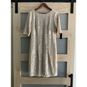 AGB Cream Lace Sheath Dress Short Sleeve Lined Women’s Size 12 NWT